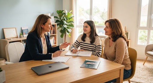 Séance d'accompagnement en orientation avec une adolescente et sa mère (illustration)